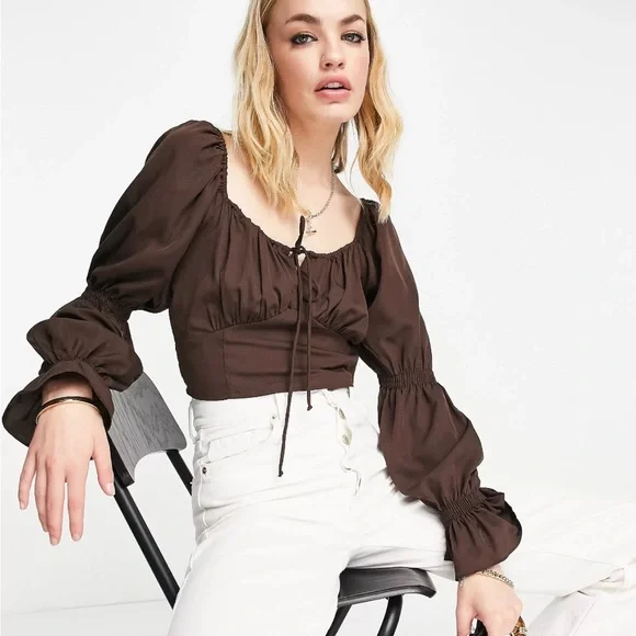 Vero Moda Tops Vero Moda Cropped Top With Tie Front In Brown
